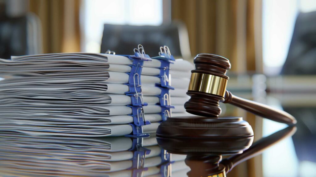 A stack of legal documents on a desk with a gavel.