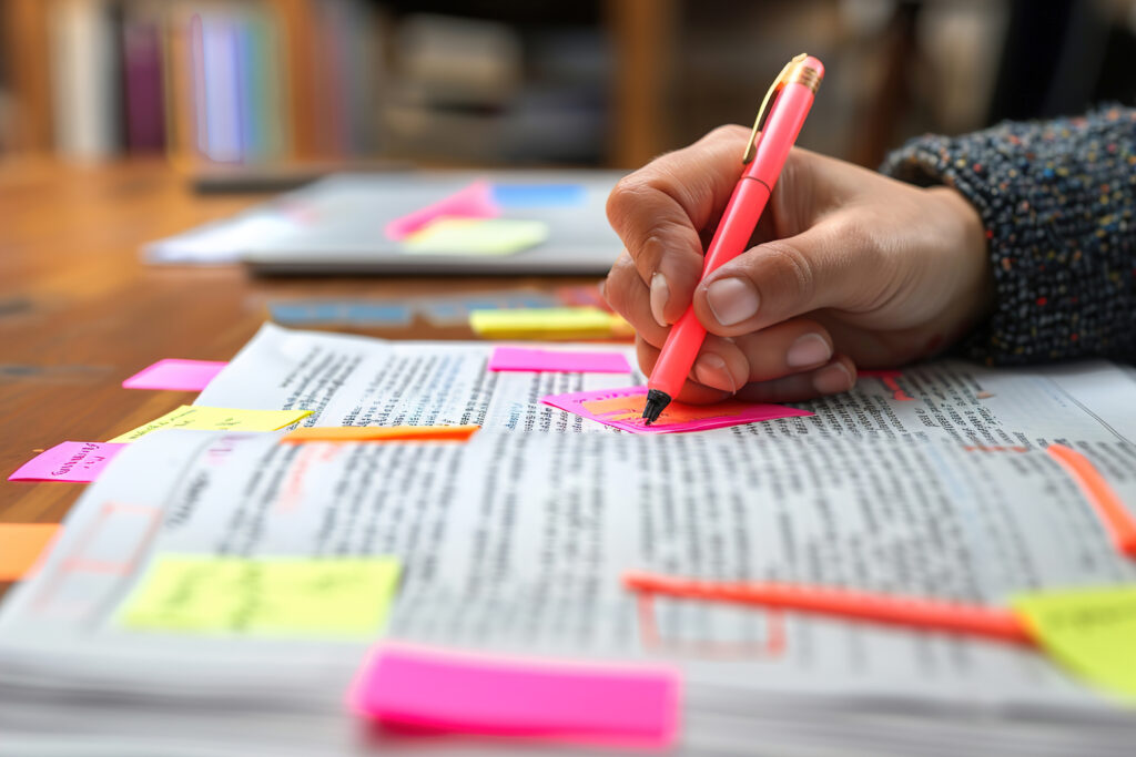 A lawyer highlighting text on a law textbook